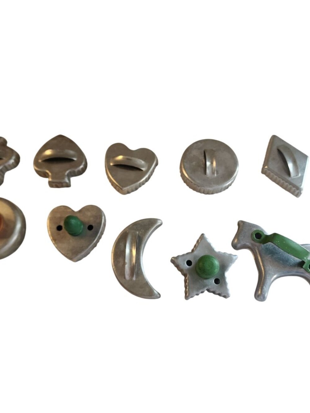 10 Vintage Aluminum / Metal Cookie Cutters wood & Green Handles